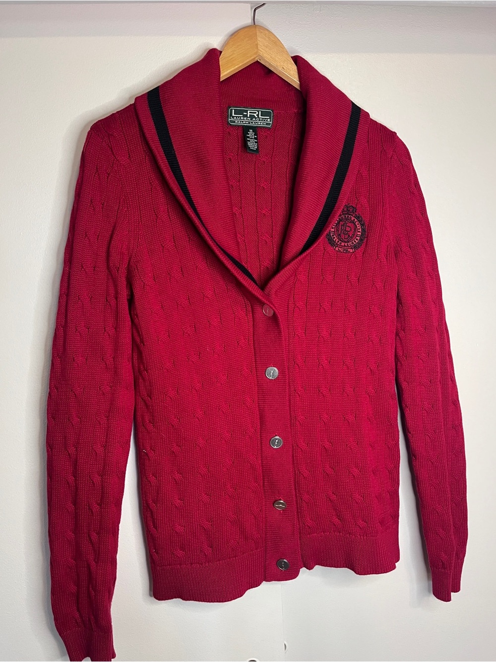 Ralph Lauren Red Cable-Knit Shawl Collar Cardigan with Black Trim